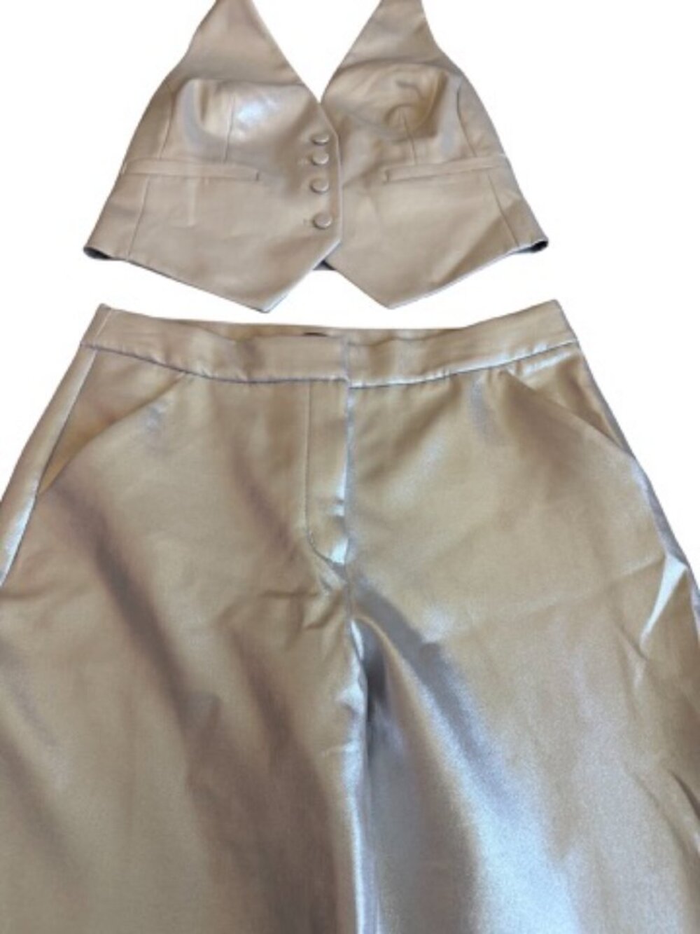 Express Editor Editor Champagne Gold Metallic Halter Pantsuit Set Small Women's - Picture 10 of 13